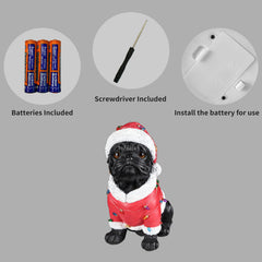 Panel showing what is included with the Pug statue: the batteries, the small screwdriver and the cover plate on the underside of the base