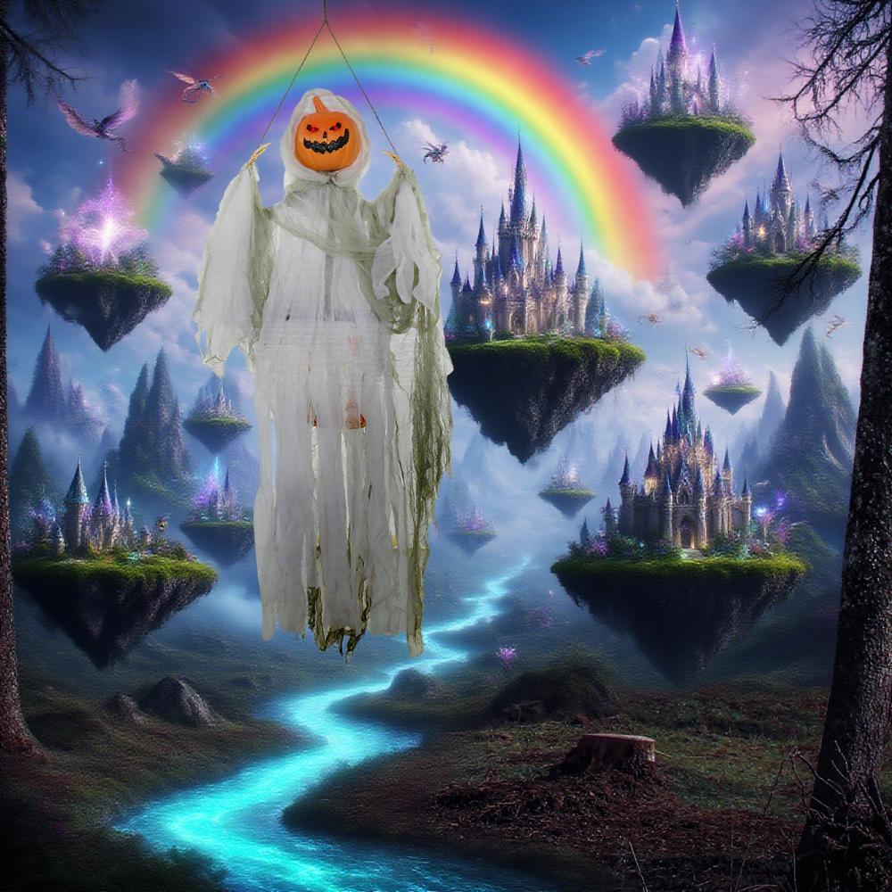 47 inch hanging pumpkin ghost, sound activated with glowing red eyes One Size