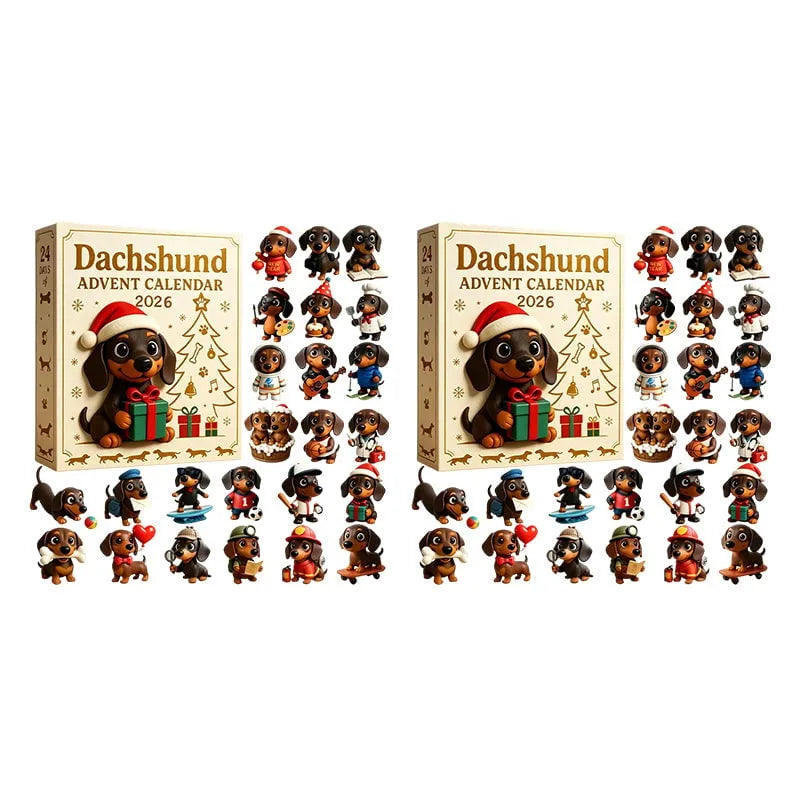 24 dachshund PVC figures from the advent calendar laid out