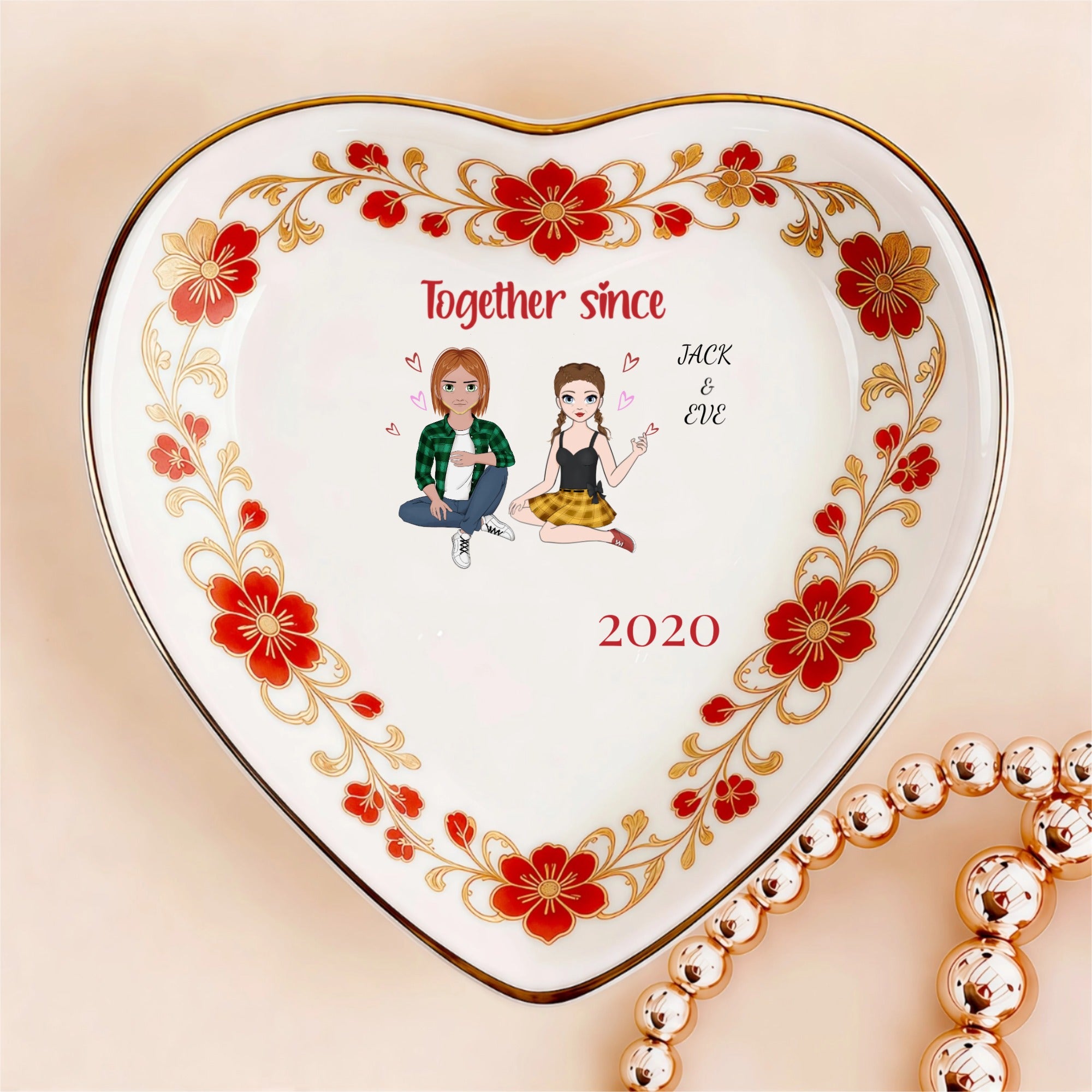 Custom  Photo Ceramic Trinket Tray with Elegant Red Floral Vine Border-Together since