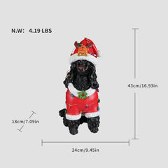 Size diagram of the Black poodle Christmas statue with height, width and depth measured in inches and its weight in pounds