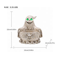 Size diagram of the ghost storage bowl with its height, width and depth measured in inches and its weight in pounds