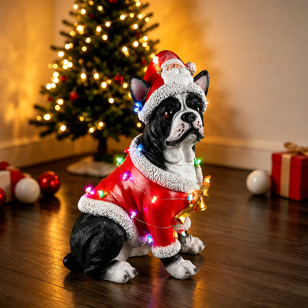 The French bulldog in the red Santa coat set on the floor beside a lit Christmas tree with gifts under it