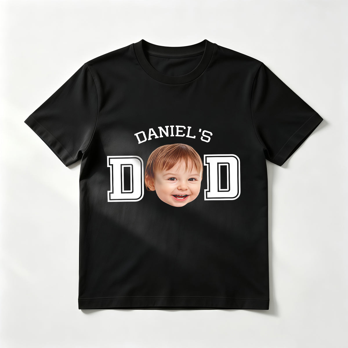 Custom Kid's Face "DAD" T-Shirt – Personalized T-Shirt with Kid's Face Cut-Out and Varsity DAD Letters – Unique DIY Father's Day Gag Gift