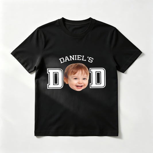 Custom Kid's Face "DAD" T-Shirt – Personalized T-Shirt with Kid's Face Cut-Out and Varsity DAD Letters – Unique DIY Father's Day Gag Gift