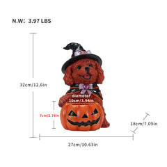 Size diagram of the brown poodle witch puppy candy bowl with its height, width and depth measured in inches and its weight in pounds