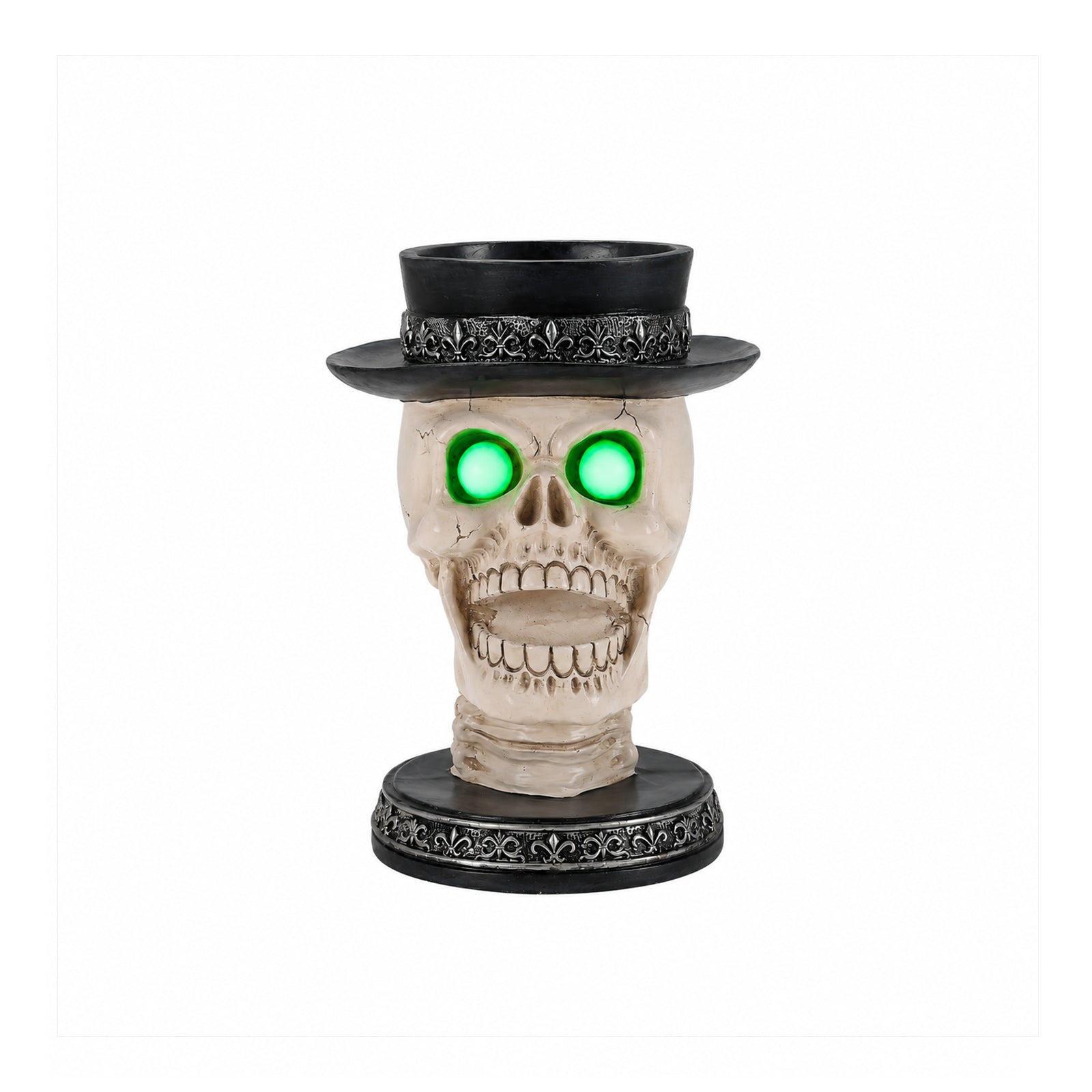 Gothic skull candle holder on a plain background, front view, with an open laughing jaw and a silver banded top hat