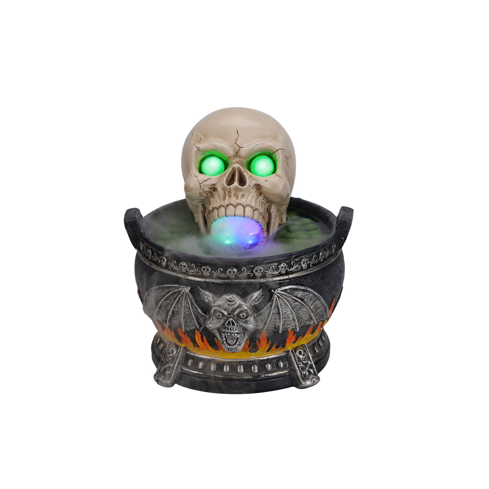 Skull cauldron resin statue on a plain background, side view, with the fog opening at the mouth facing forward