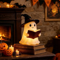 resin ghost in a witch hat holding an open book, usb powered night light - product photo 2 of 8