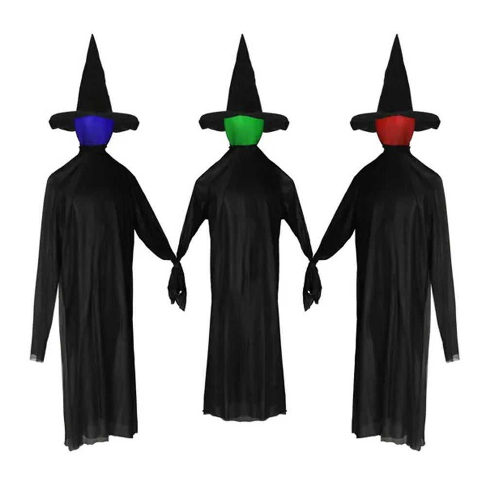 Three hooded witches in black robes holding hands with glowing color changing heads