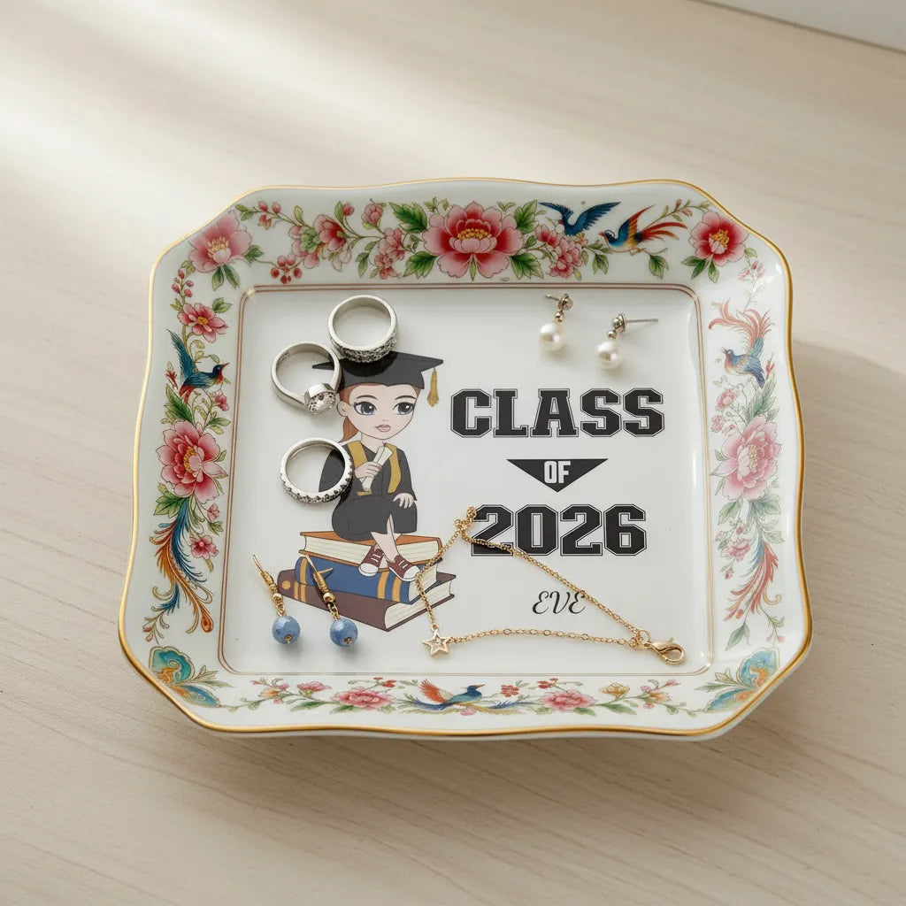 Custom Photo Ceramic Trinket Tray with Elegant Floral and Phoenix Bird Border-Happy Graduation!