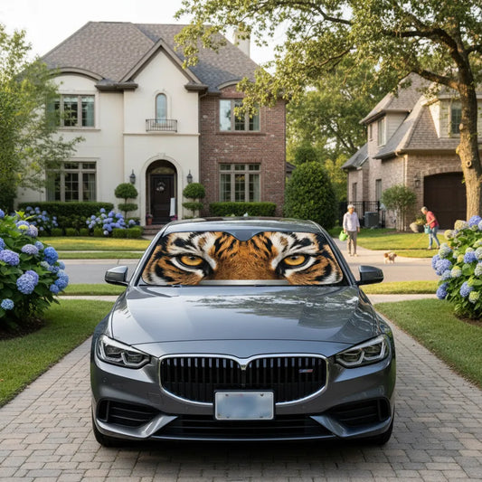 Personalized Tiger Eyes Realistic Fur Texture Car Sunshade - Custom Name Plate Automotive Decor