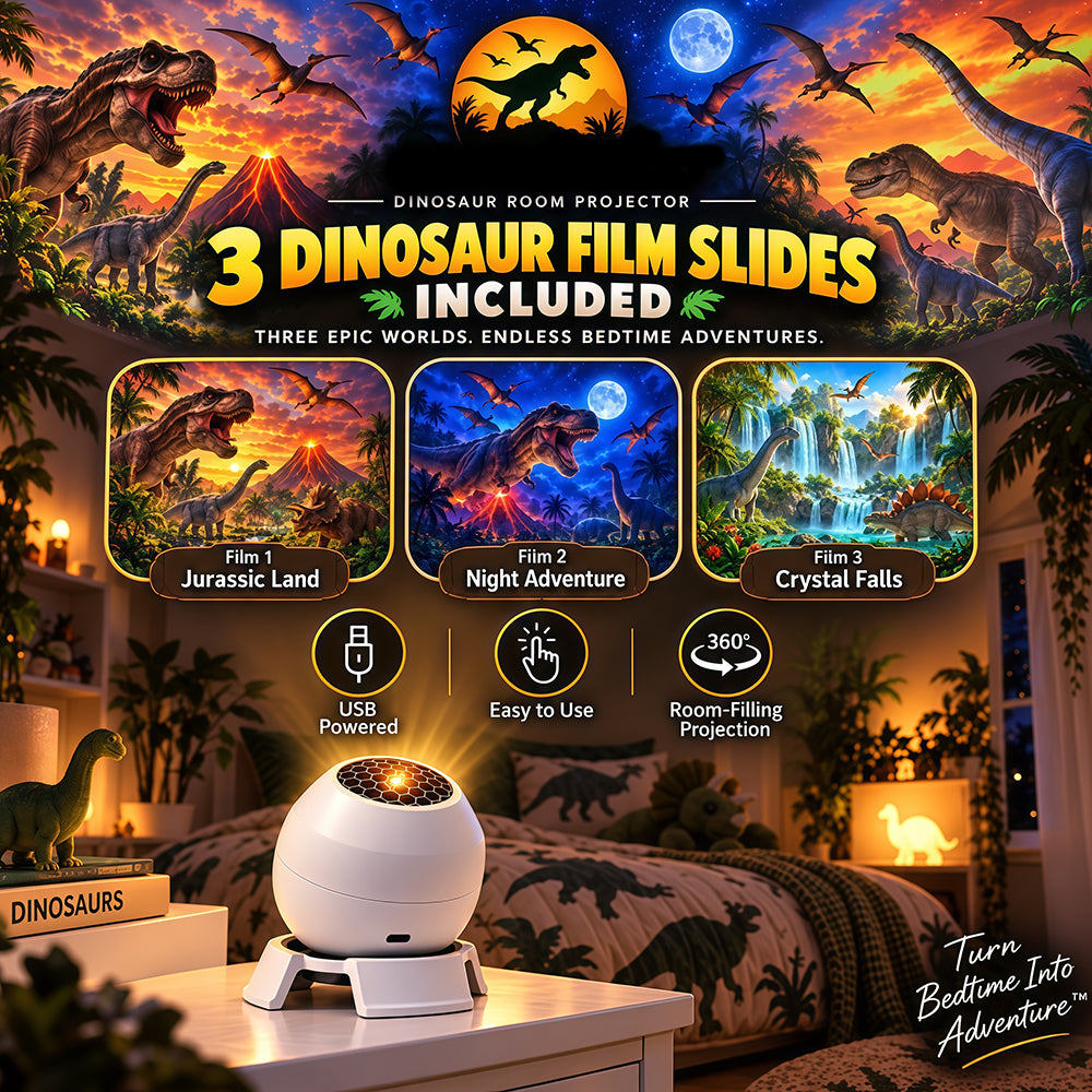 DinoGlow 3D Dinosaur Projector Night Light - Prehistoric Moving Dinosaurs on Walls & Ceiling | Kids Cool LED Galaxy Lamp with 3 Film Reels, 360° Adjustable & USB Power | Birthday Gift for Boys & Girls