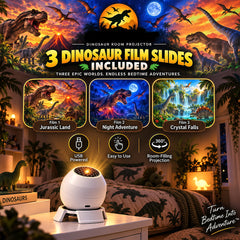 DinoGlow 3D Dinosaur Projector Night Light - Prehistoric Moving Dinosaurs on Walls & Ceiling | Kids Cool LED Galaxy Lamp with 3 Film Reels, 360° Adjustable & USB Power | Birthday Gift for Boys & Girls