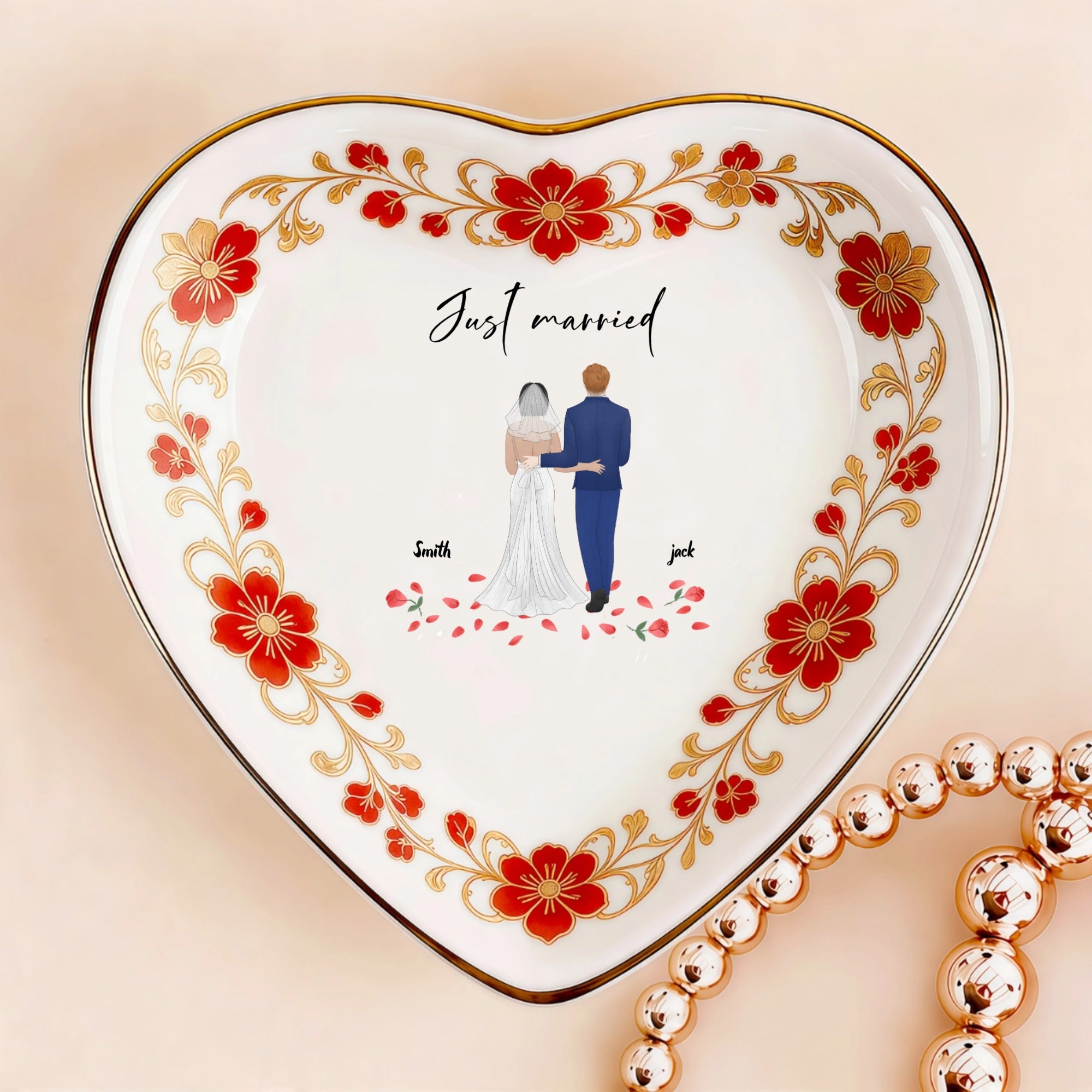 Custom  Photo Ceramic Trinket Tray with Elegant Red Floral Vine Border-Just marr