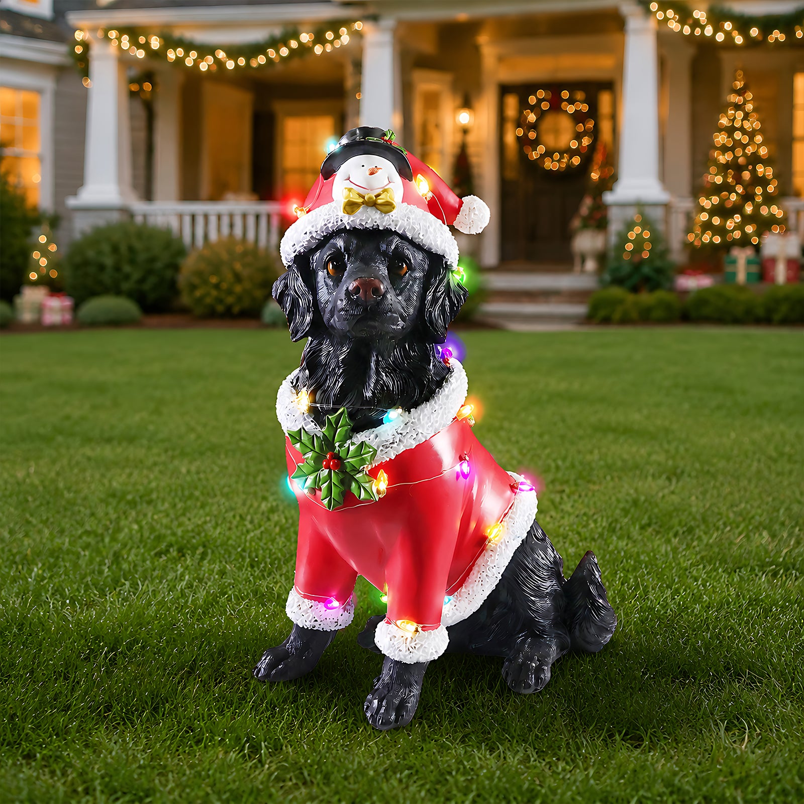 The Black retriever in the red Santa coat out on the lawn at dusk with the lights of the house behind