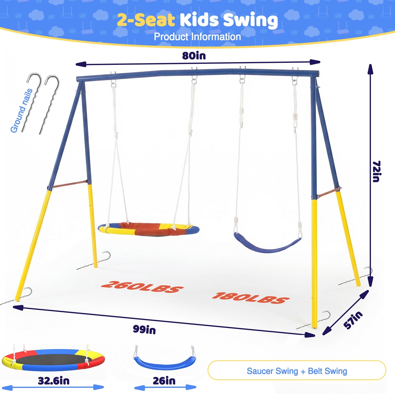 1 Set Swing Set For Christmas Gift Backyard, 330lbs Swing Set With Heavy-Duty A-Frame Metal Outdoor Swing Stand, 1 Saucer Swing Seat & 1 Belt Swings Seat Use On Four Season