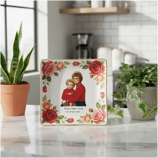 Personalized Mother’s Day Jewelry Dish - Custom Photo Ceramic Trinket Tray with Floral Rose Border