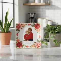Personalized Mother’s Day Jewelry Dish - Custom Photo Ceramic Trinket Tray with Floral Rose Border