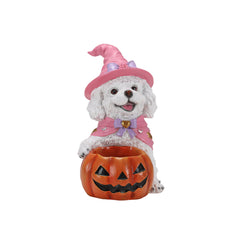 White puppy witch statue on a plain background, front view, with the bowl of candy in front of it