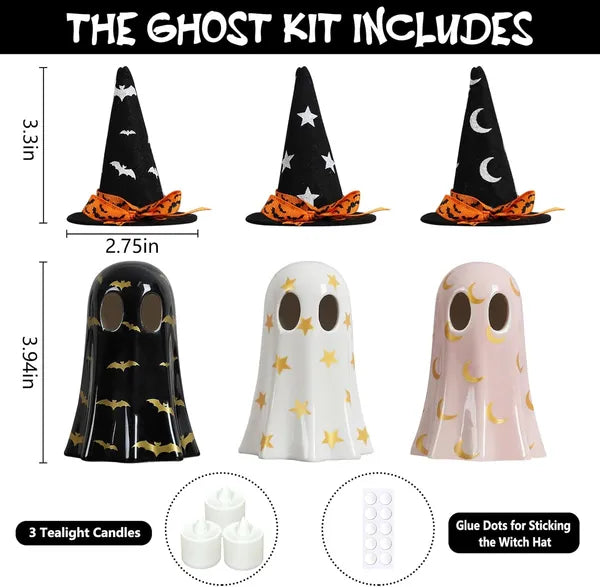 set of 3 ceramic ghost figurines with witch hats - product photo 3 of 6
