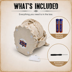 printed card showing what is in the box: the statue lying on its back with the battery compartment in the base open, plus the spare batteries and the small screwdriver