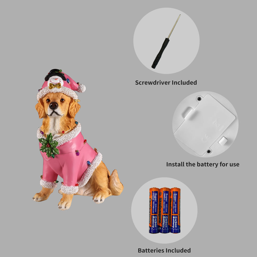 Panel showing what is included with the Golden retriever statue: the batteries, the small screwdriver and the cover plate on the underside of the base