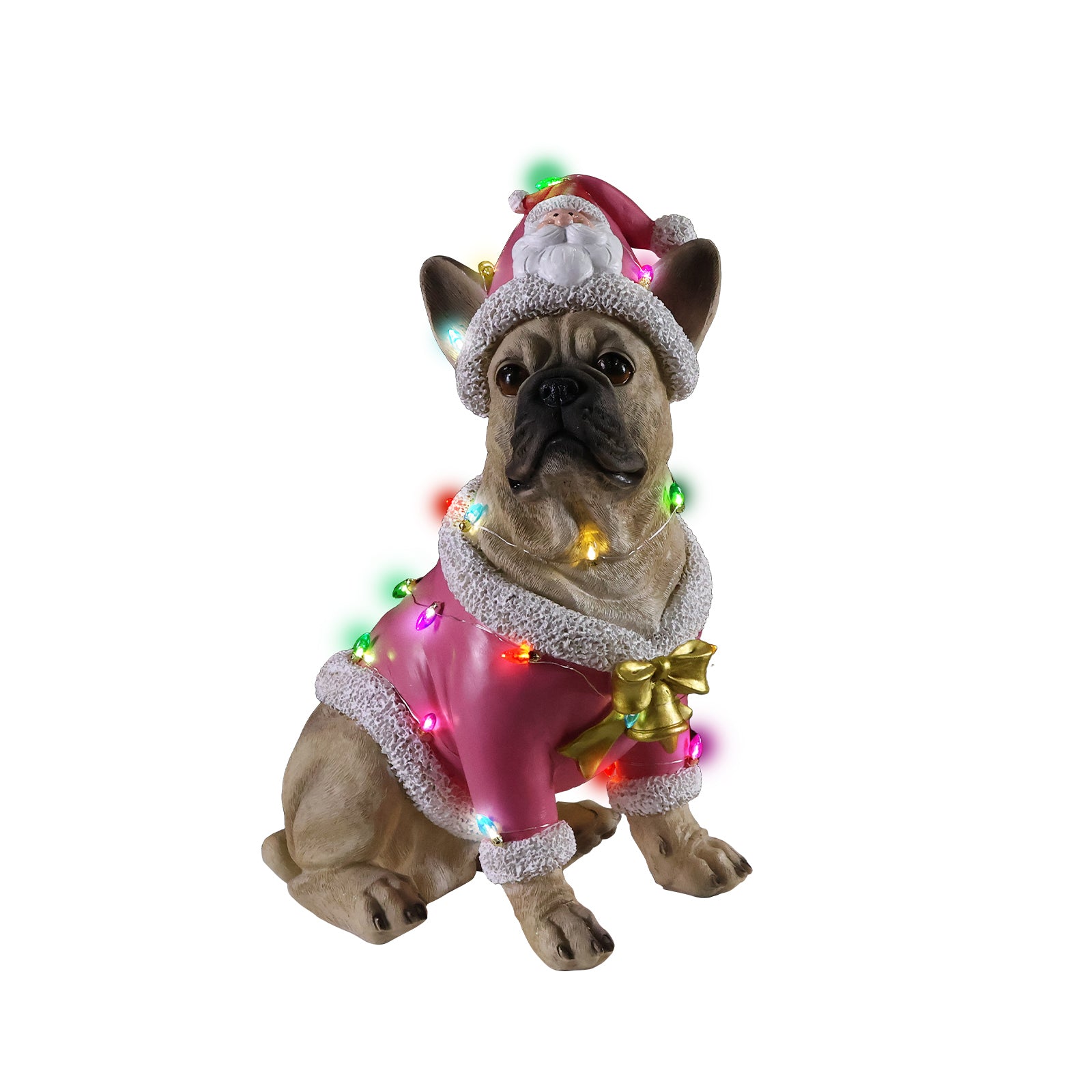 French bulldog Christmas statue on a plain background, from a second angle, showing the sitting base