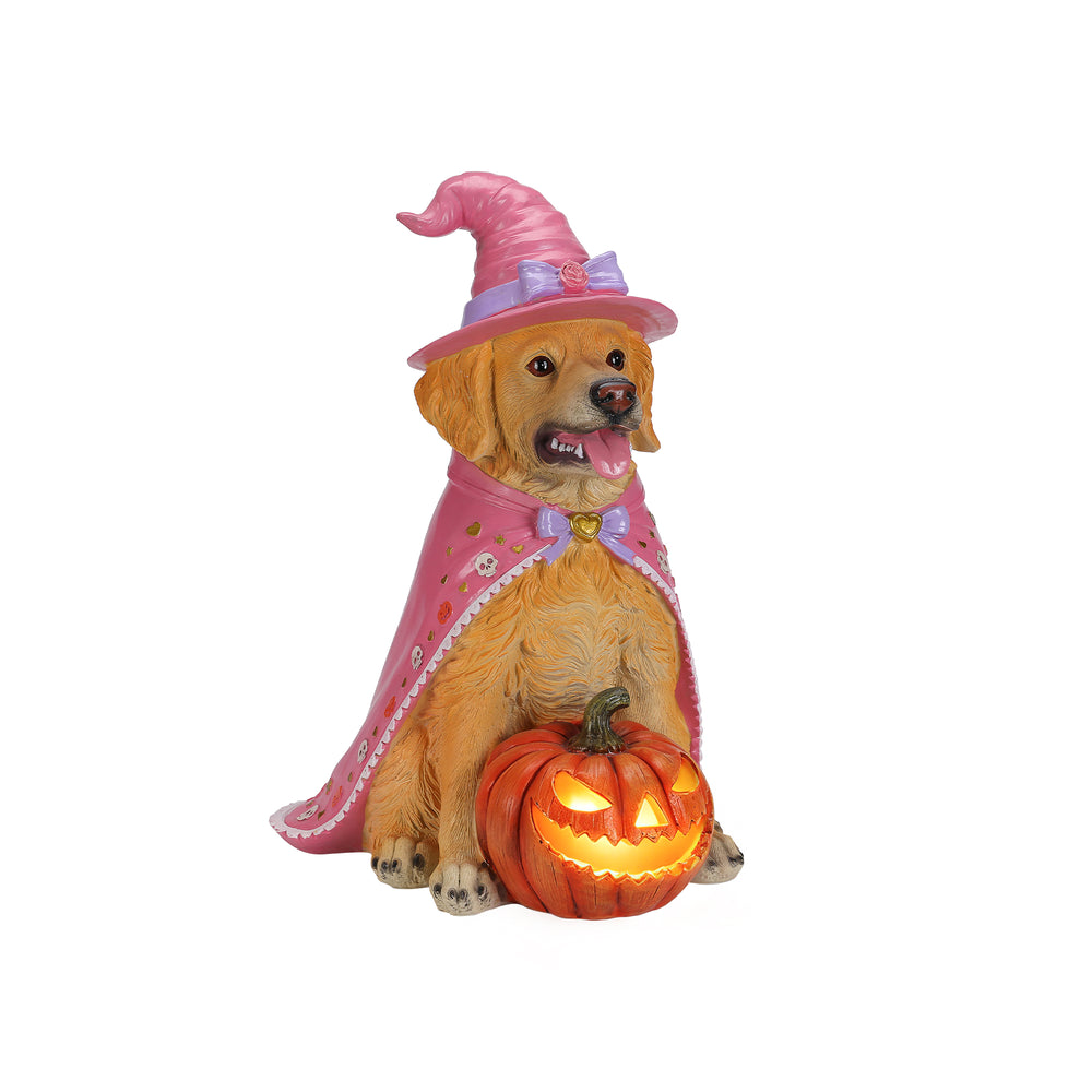 Golden retriever witch resin statue on a plain background, side view, showing the hat tilted to one side