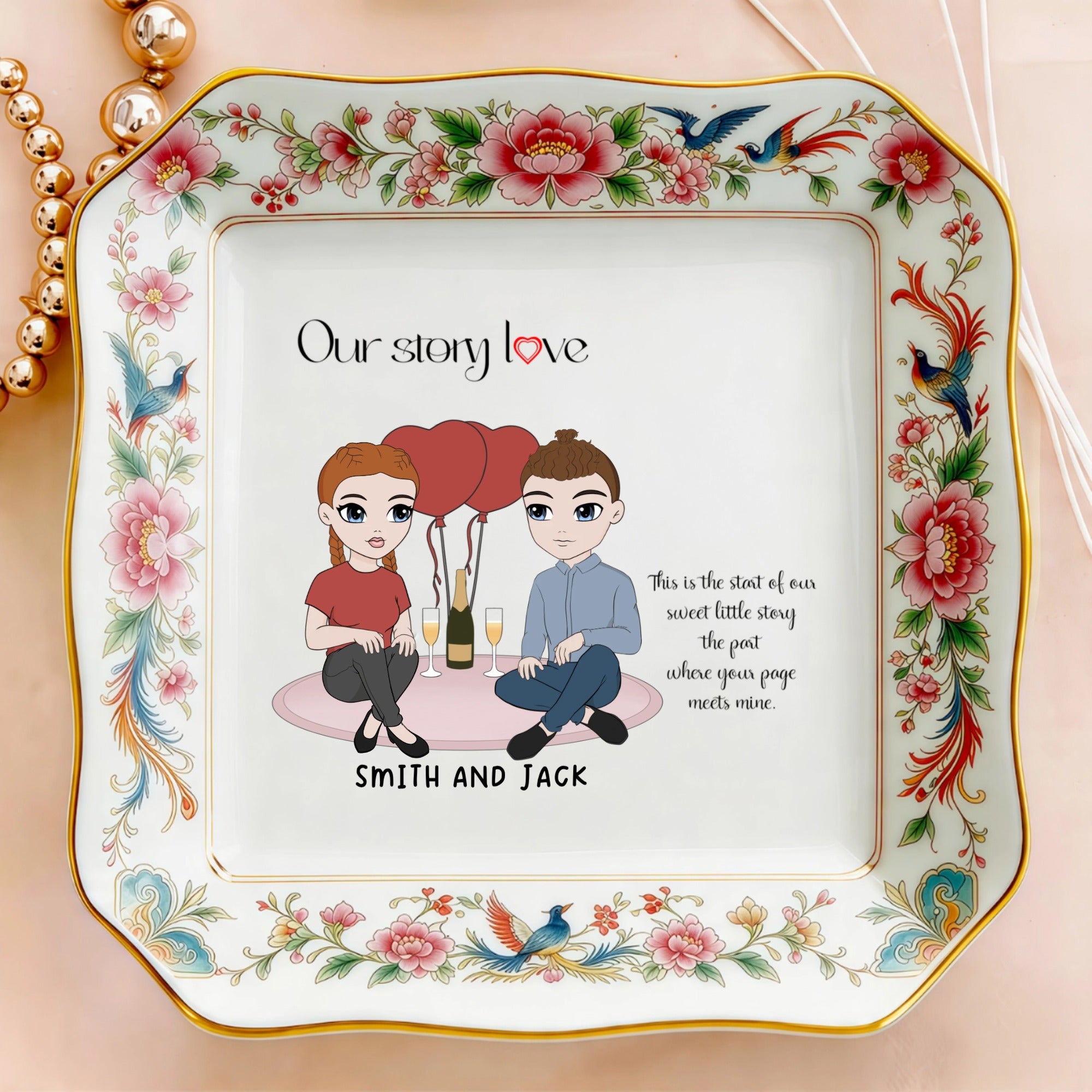 Custom  Photo Ceramic Trinket Tray with Elegant Floral and Phoenix Bird Border-Our stoty love