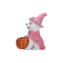 White puppy witch statue on a plain background, from a second angle, showing the sitting pose and the base
