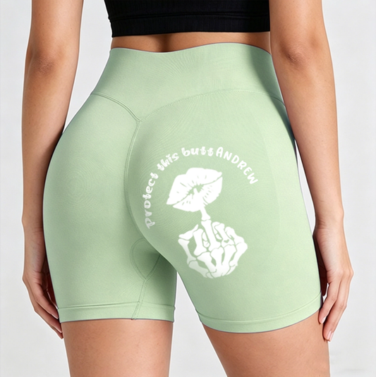 Custom Name Light Green Yoga Shorts – Personalized "Protect This Butt" Skeleton Hand & Lips Graphic Booty Shorts