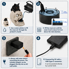 printed card showing the four setup steps: fill the reservoir through the mouth, stop at about 0.6 inch above the atomizer, plug the USB Type-C lead into the included adapter, run it off any 5V source including a power bank
