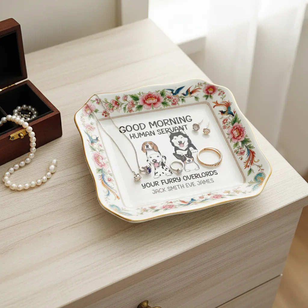 Custom Photo Ceramic Trinket Tray with Elegant Floral and Phoenix Bird Border-Good morning, human servant