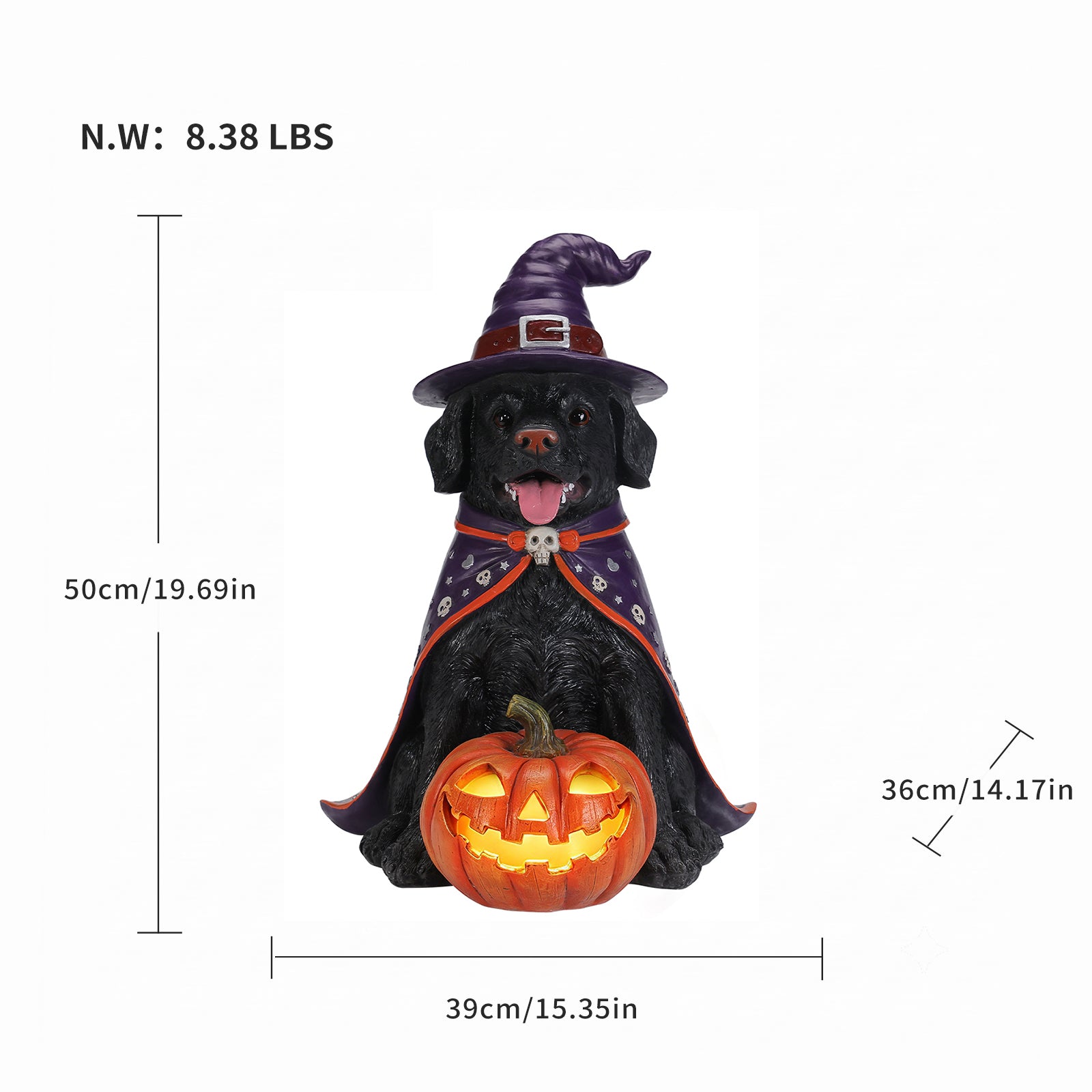 Size diagram of the black labrador witch statue with its height, width and depth measured in inches and its weight in pounds
