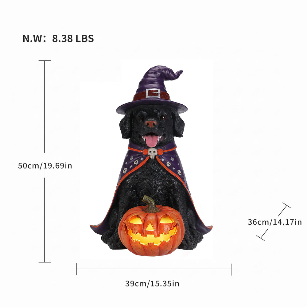 Size diagram of the black labrador witch statue with its height, width and depth measured in inches and its weight in pounds
