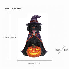 Size diagram of the black labrador witch statue with its height, width and depth measured in inches and its weight in pounds
