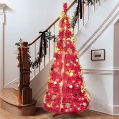6FT Red PreLit Pop-Up Christmas Tree With 150 Warm White LED Ribbons Bow Flowers Snowflakes Pine Cones Red Ornaments Collapsible Artificial Christmas Tree IP44 Waterproof Indoor Holiday Decor OLFC0109