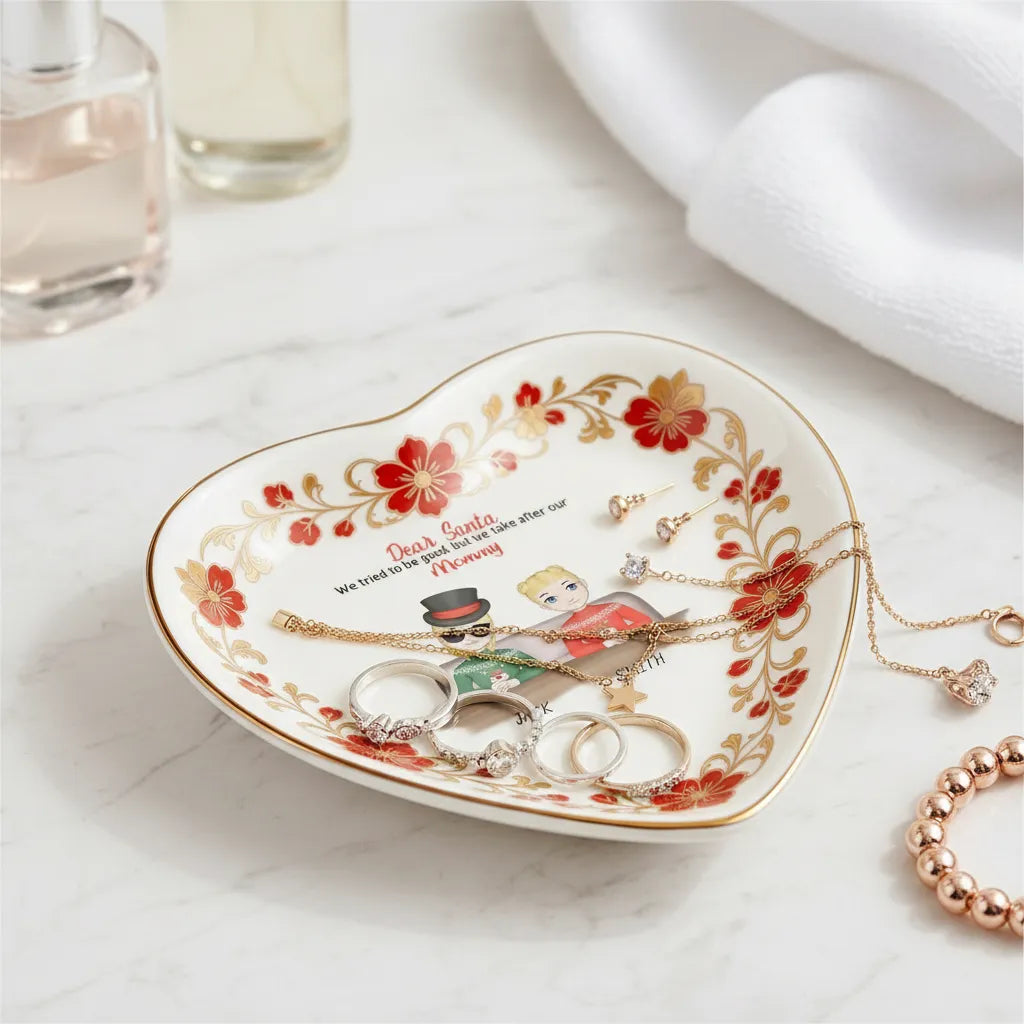 Custom  Photo Ceramic Trinket Tray with Elegant Red Floral Vine Border-Dear Santa