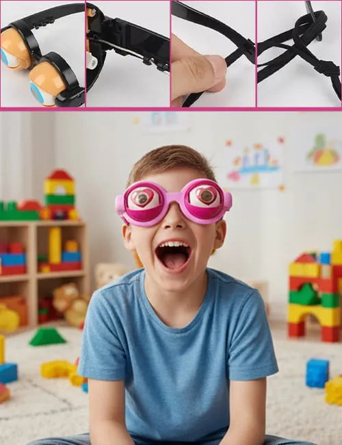 Four pairs of funny prop glasses flat lay