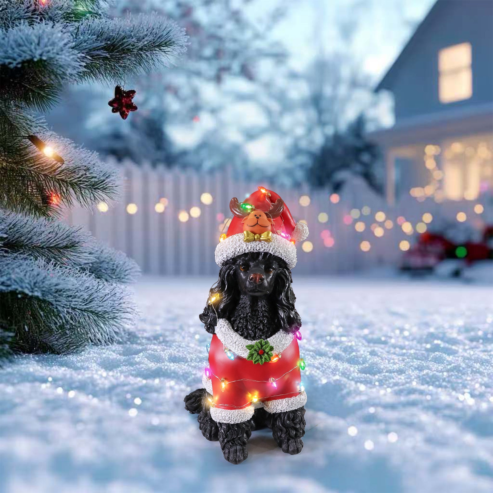 The Black poodle in the red Santa coat standing on snow with a fence and house lights behind
