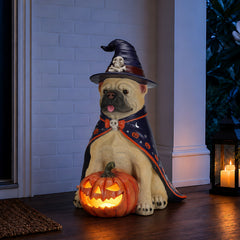 The same bulldog witch statue on a porch step with pumpkins and a lantern behind it