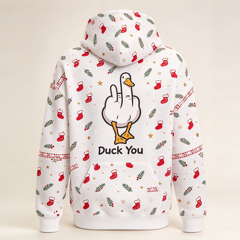 Duck You Christmas hoodie in snow white - funny goose graphic centered on the back