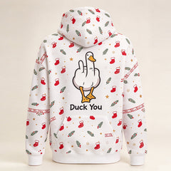 Duck You Christmas hoodie in snow white - funny goose graphic centered on the back