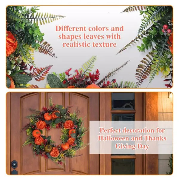 Pumpkin wreath on a wooden front door with a note about the leaf colors