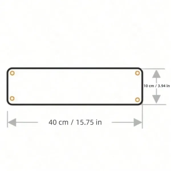 Plain white rectangle showing the size of the sign, 15.75 in by 3.94 in with four holes