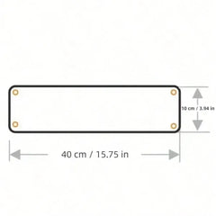 Plain white rectangle showing the size of the sign, 15.75 in by 3.94 in with four holes