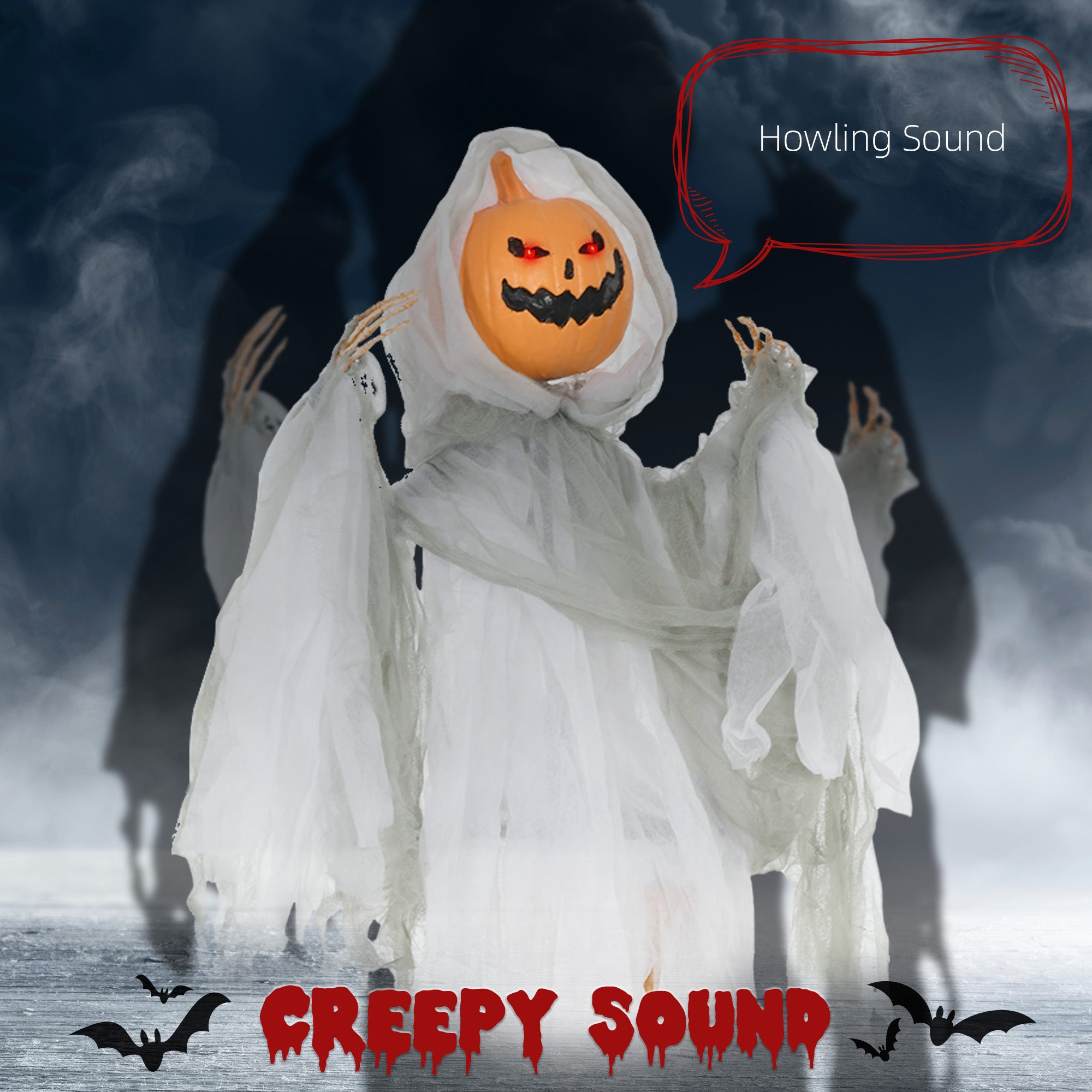 47 inch hanging pumpkin ghost, sound activated with glowing red eyes - product photo 4 of 7