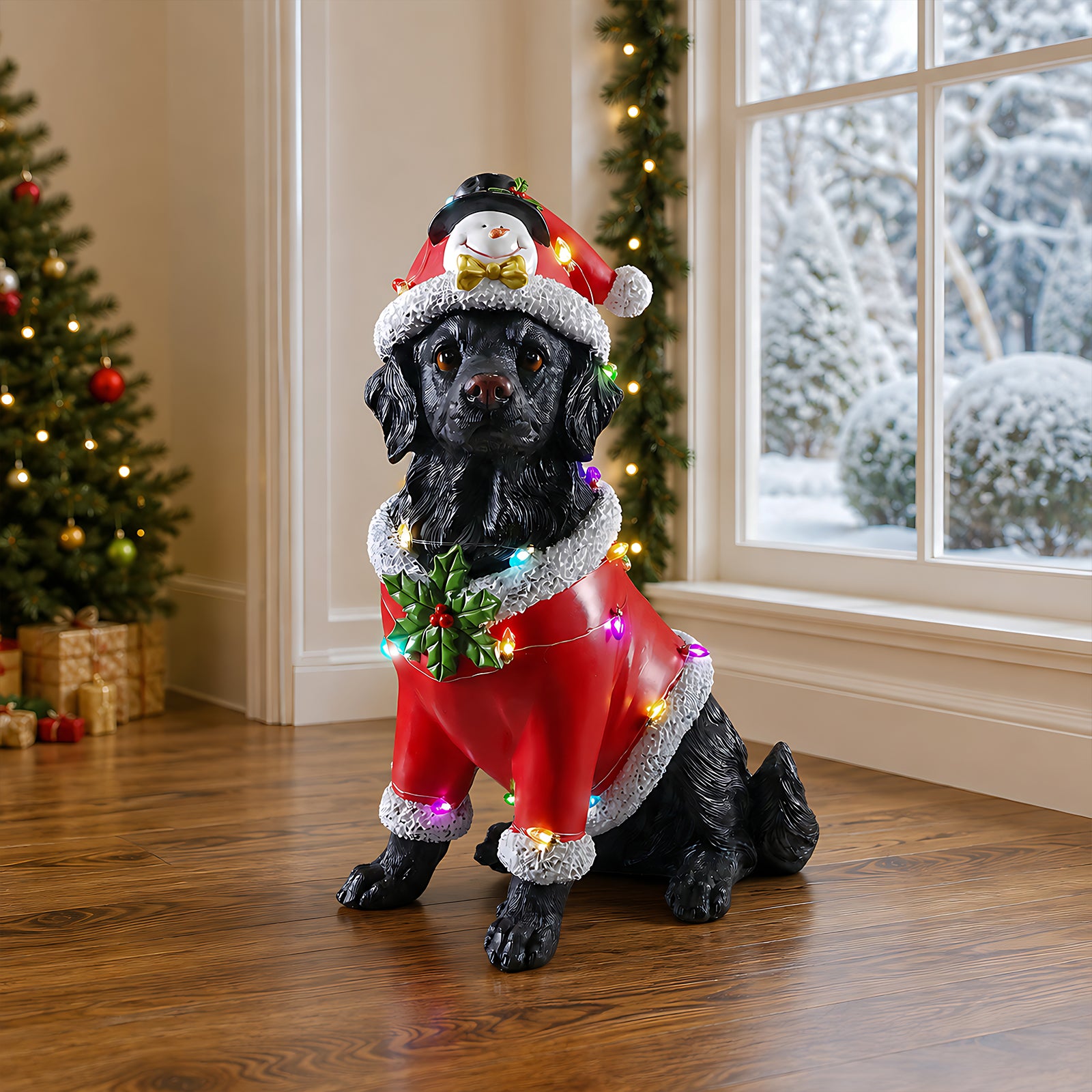 A black retriever sitting in a red Santa coat with a string of colored lights across the back, in a living room at Christmas