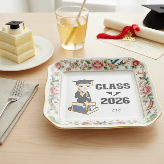 Custom Photo Ceramic Trinket Tray with Elegant Floral and Phoenix Bird Border-Happy Graduation!